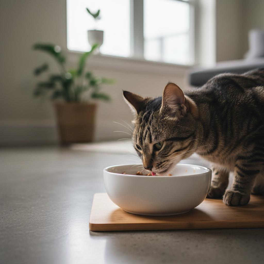 cat eating from a wide, shallow bowl