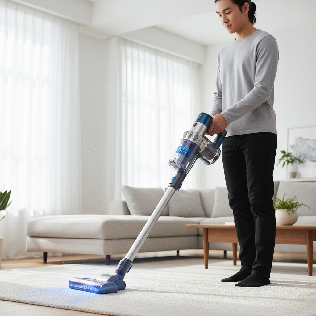 person vacuuming with a HEPA filter vacuum cleaner