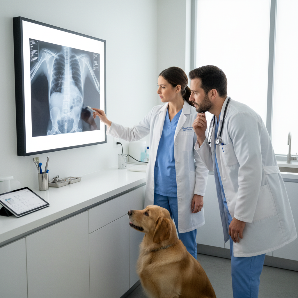 veterinarian examining dog x-ray